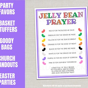 May include: A colorful printable sign with the text "Jelly Bean Prayer" and a list of jelly bean colors and their meanings. The sign is suitable for Easter parties, church handouts, and goody bags.
