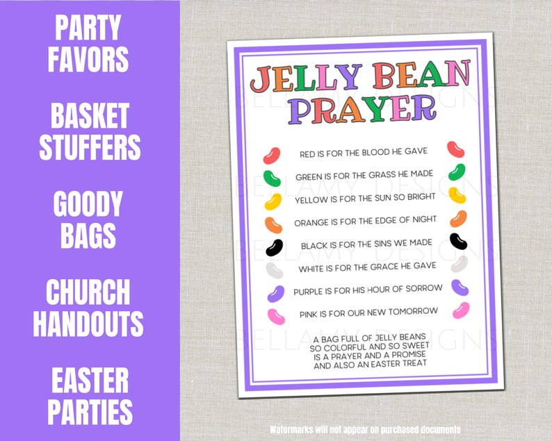 May include: A colorful printable sign with the text "Jelly Bean Prayer" and a list of jelly bean colors and their meanings. The sign is suitable for Easter parties, church handouts, and goody bags.