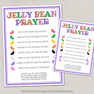 May include: Two colorful "Jelly Bean Prayer" prints. The text is in a playful font with a purple border. The text includes the colors of the jelly beans and their meanings. The bottom of the print reads "A bag full of jelly beans so colorful and so sweet is a prayer and a promise and also an Easter treat."