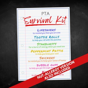 Cadeaukaartjes PTA-survivalkit, cadeaukaartjes oudervereniging en personeel waardering, terug naar school feestartikelen, taslabel cadeaumand