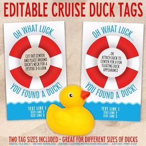 Bearbeitbare Kreuzfahrt Enten Tags, Kreuzfahrtschiff Gummiente Jagd, Rettungsring druckbare Kreuzfahrt Geschenk, Cruise Essentials Cruating Ducks Geschenkanhänger