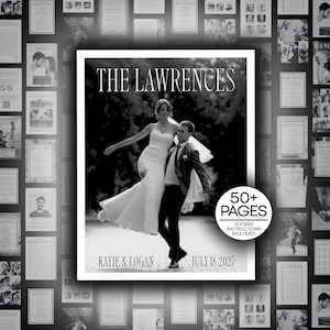 May include: Monochrome wedding album cover with a bride and groom. The title "THE LAWRENCES" is displayed at the top, with "KATIE & LOGAN JULY 18, 2027" at the bottom. The album contains 50+ pages and editing instructions.