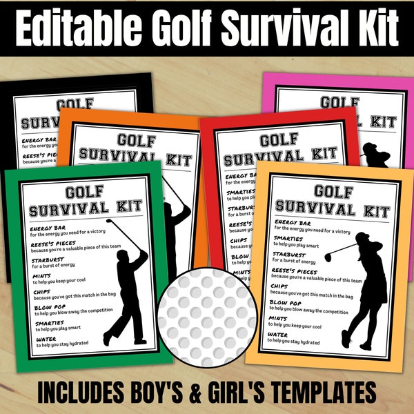 Editable Golf Survival Kit Tag, Boys & Girls Golf Treat Tags, Golf Party Favor Goody Bags, Kids Teams Coaches Match Day Sports Theme