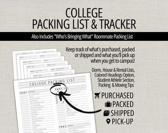 College Packing List & Planner, Packing List and Printable Organizer for Dorm Room, Apartment or House, College Packing List Planner