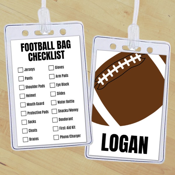 Editable Football Bag Tag Insert, Custom Football Equipment Gear Checklist Name Tag, School & Club Sports Backpack Tag Football Packing List