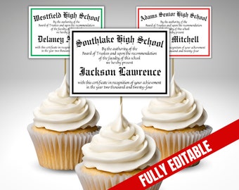 Editable Graduation Diploma Cupcake Toppers, Mini High School College Diploma Decoration, Senior Class of 2024 Personalized Grad Party Favor