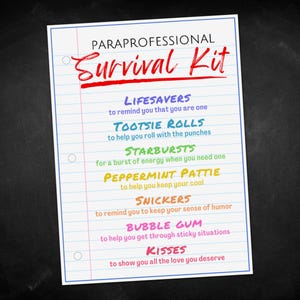 Paraprofessional Survival Kit Tag, Appreciation Gift Tags, Goodie Bag Tag for Party Favors, Thank You Gift, Treat Bag Printed Favor Tags