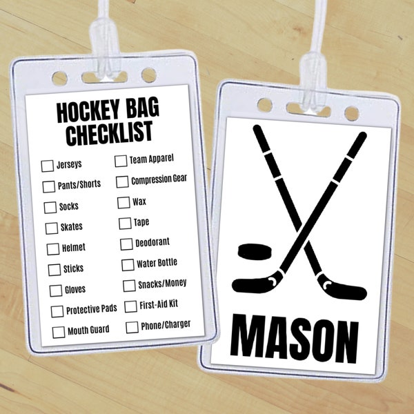 Editable Hockey Bag Tag Insert, Custom Hockey Equipment Gear Checklist Name Tag, School & Club Sports Backpack Tag Hockey Packing List
