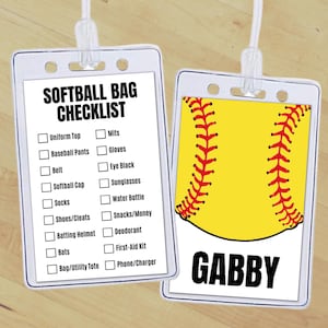 Edytowalna wkładka do torby do softballu, spersonalizowana lista sprzętu do softballu, etykieta z nazwiskiem, etykieta na plecak sportowy szkoły i klubu lub lista rzeczy do spakowania