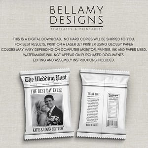 May include: Two white wedding favour bags. One bag features a newspaper-style design with a photo of a couple and the text "The Wedding Post" and "The Best Day Ever!". The other bag has "Thank You!" and nutrition facts.