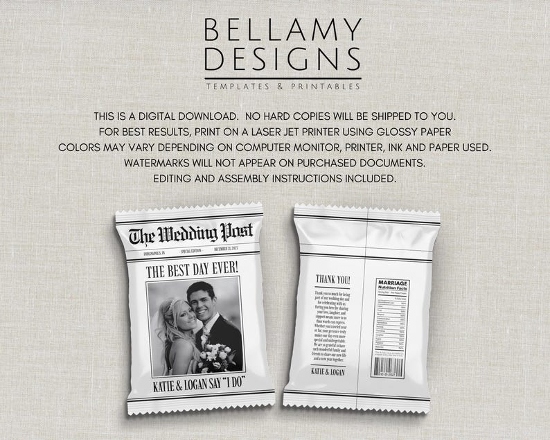 May include: Two white wedding favour bags. One bag features a newspaper-style design with a photo of a couple and the text "The Wedding Post" and "The Best Day Ever!". The other bag has "Thank You!" and nutrition facts.