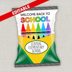 May include: A white bag with the words "WELCOME BACK TO SCHOOL" in colorful letters. The bag contains rainbow-colored crayons. The bottom of the bag is yellow and green with the words "CENTRAL ELEMENTARY SCHOOL". A red banner says "EDITABLE".