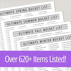 May include: A stack of four bucket list printables for spring, summer, fall, and winter. Each list has checkboxes for activities. The bottom of the image has a purple banner with the text "Over 620+ Items Listed!"