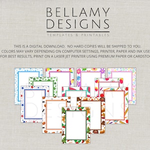 May include: A selection of printable templates with decorative borders. The templates showcase diverse designs, such as stars, shamrocks, and seasonal themes. The text "BELLAMY DESIGNS TEMPLATES & PRINTABLES" is at the top. The text "THIS IS A DIGITAL DOWNLOAD" is also visible.