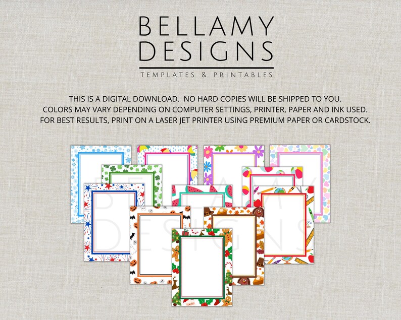 May include: A selection of printable templates with decorative borders. The templates showcase diverse designs, such as stars, shamrocks, and seasonal themes. The text "BELLAMY DESIGNS TEMPLATES & PRINTABLES" is at the top. The text "THIS IS A DIGITAL DOWNLOAD" is also visible.