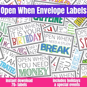 Openen wanneer brieven, afdrukbare enveloplabels of kaarten, collegeverzorgingspakket, verhuizen of achterlaten, cadeau schooldochter of zoon