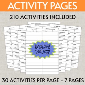 Op de afbeelding: Een set activiteitenpagina's met 210 activiteiten verdeeld over 7 pagina's, met 30 activiteiten per pagina. De middelste pagina toont een blauwe sterfiguur met de tekst BLANK PAGE TO WRITE IN YOUR OWN ACTIVITIES in zwarte hoofdletters.