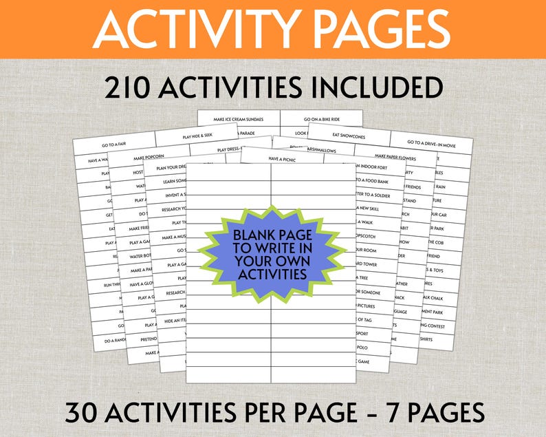 Op de afbeelding: Een set activiteitenpagina's met 210 activiteiten verdeeld over 7 pagina's, met 30 activiteiten per pagina. De middelste pagina toont een blauwe sterfiguur met de tekst BLANK PAGE TO WRITE IN YOUR OWN ACTIVITIES in zwarte hoofdletters.