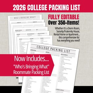 Puede incluir: Un conjunto de listas de empaque universitarias con el texto "2026 COLLEGE PACKING LIST" y "FULLY EDITABLE Over 350+ Items!" en rojo y negro. Incluye una lista de empaque para compañeros de cuarto.