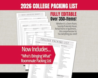 College Packing List, Printable Organizer for Dorm Room Apartment Sorority Fraternity House, Who's Bringing What Roommate List Planner