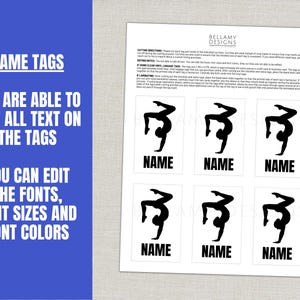 May include: Printable name tags with a gymnast silhouette in black. The tags are customizable, with editable text, fonts, sizes, and colors. The text "NAME" is printed on each tag. The background is white.