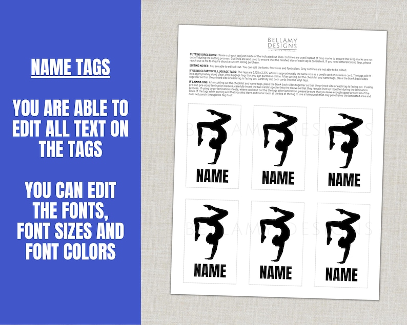 May include: Printable name tags with a gymnast silhouette in black. The tags are customizable, with editable text, fonts, sizes, and colors. The text "NAME" is printed on each tag. The background is white.