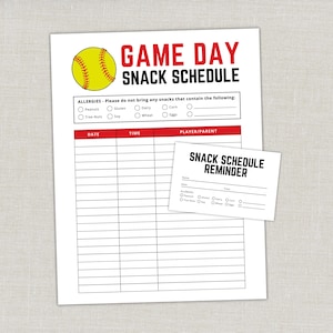 Puede incluir: Una hoja impresa en blanco con un gráfico de softbol y el texto "GAME DAY SNACK SCHEDULE". Incluye secciones para alergias, fecha, hora y jugador/padre. También hay una tarjeta más pequeña de "SNACK SCHEDULE REMINDER".