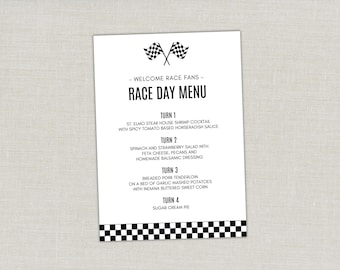 May include: A white Race Day Menu card with black text and checkered flag graphics. The menu includes Turn 1: Shrimp Cocktail, Turn 2: Spinach Salad, Turn 3: Pork Tenderloin, and Turn 4: Sugar Cream Pie.