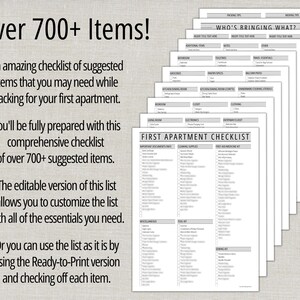 May include: A stack of white paper checklists titled "First Apartment Checklist" with the text "Over 700+ Items!" and other text describing the checklist's features. The checklist includes sections for various rooms and categories.
