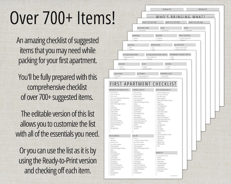 May include: A stack of white paper checklists titled "First Apartment Checklist" with the text "Over 700+ Items!" and other text describing the checklist's features. The checklist includes sections for various rooms and categories.