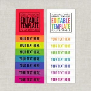 May include: Two vertical templates with the text "EDITABLE TEMPLATE" and "YOUR TEXT HERE." One template is red with rainbow-colored text sections, and the other is white with rainbow-colored text sections. Both templates have the text "YOUR LOGO - PHOTO GRAPHIC - TEXT HERE."