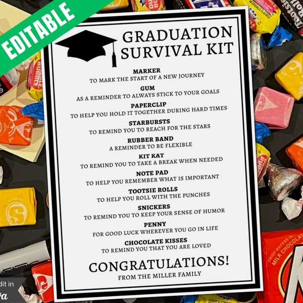 Editable Graduation Survival Kit Gift Tags, Graduation Party Favors, High School Grad College Grad, Seniors Class of 2024 Graduation Tags