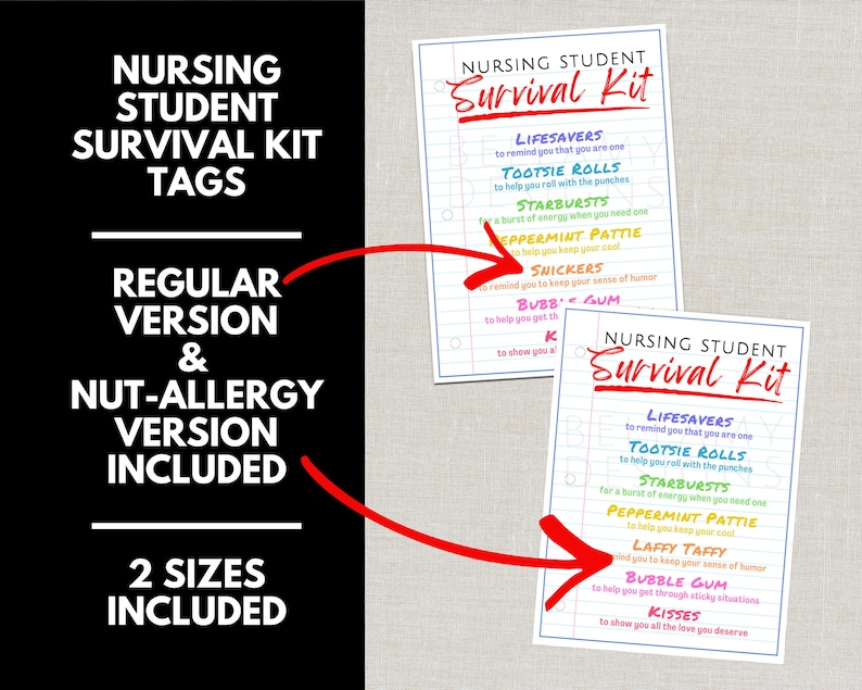 May include: Two printable "Nursing Student Survival Kit" tags. The tags include a regular version and a nut-allergy version. The text on the tags includes "Lifesavers", "Tootsie Rolls", "Starbursts", "Peppermint Pattie", "Snickers", "Bubble Gum", and "Kisses".