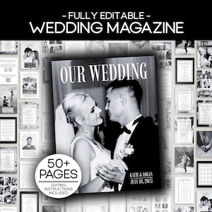 May include: A black and white wedding magazine cover with the title "Our Wedding" featuring a couple. The magazine includes over 50 pages and editing instructions. Additional pages with wedding details surround the magazine.