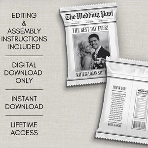 May include: Two white wedding favour bags with a newspaper design. The front of the bag features a black and white photo of a couple and the headline "The Best Day Ever!". The text "Katie & Logan Say" is also visible.