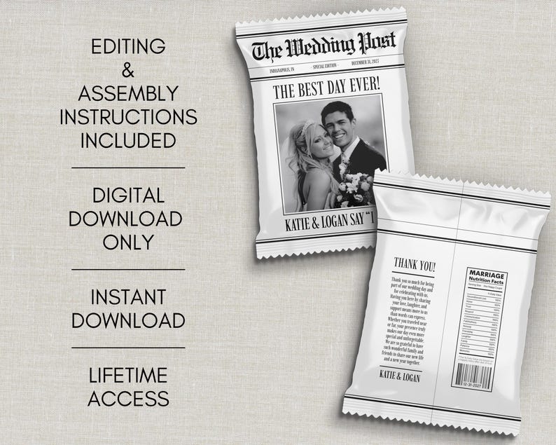 May include: Two white wedding favour bags with a newspaper design. The front of the bag features a black and white photo of a couple and the headline "The Best Day Ever!". The text "Katie & Logan Say" is also visible.