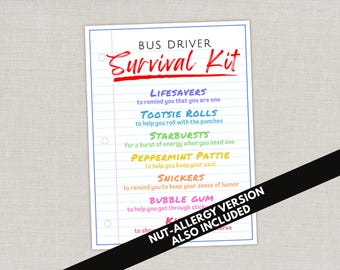 Bus Driver Survival Kit Gift Tags, Transportation Department Appreciation Thank You Cards, School Bus Driver Goodie Bag Tag for Party Favors