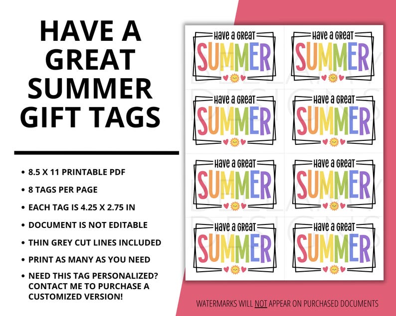 PRINTABLE Have a Great Summer Gift Tag, End of School Year Tag, Last ...