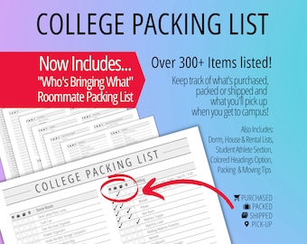 College Packing List & Planner, Packing List and Printable Organizer for Dorm Room, Apartment or House, College Packing List Planner