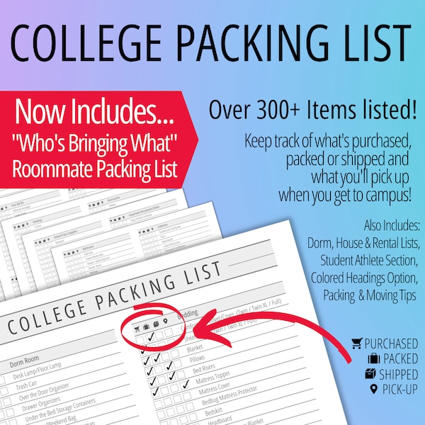 College Packing List & Planner, Packing List and Printable Organizer for Dorm Room, Apartment or House, College Packing List Planner