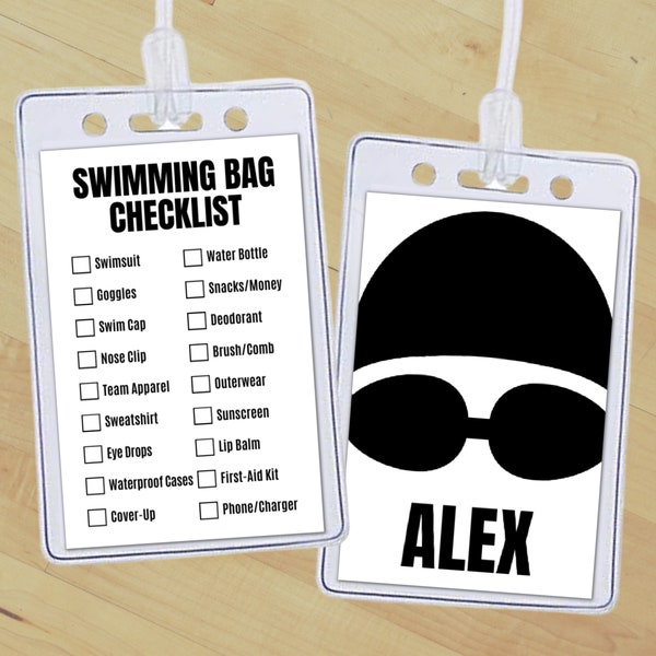 Editable Swimming Bag Tag Insert, Custom Swimming Equipment Gear Checklist Name Tag, School & Club Sports Backpack Tag Swimmer Packing List