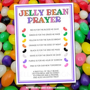 May include: A colorful image featuring a variety of jelly beans surrounding a framed print. The print reads "Jelly Bean Prayer" and lists the symbolic meaning of each jelly bean color. The background is a vibrant mix of red, green, yellow, orange, black, white, purple, and pink jelly beans.