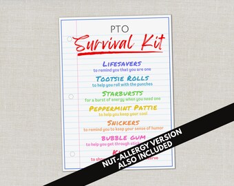 May include: A rectangular white paper sheet with blue horizontal lines and three circular holes on the left side. The text reads PTO Survival Kit in red, followed by a list of candy names in various colors with corresponding descriptive phrases.
