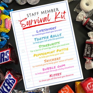 Staff Member Survival Kit Gift Tags, Staff Appreciation and Thank You Cards, Gift Ideas for those in the Educational Field, Goody Bag Idea