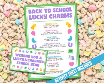 Back to School Lucky Charms Tag Printable, 1st Day of School Meet the Teacher Back to School Treat Activity, Goody Bag Tag for Class Treats