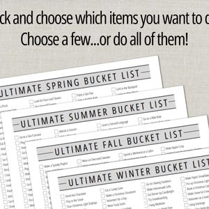 May include: Four bucket list printables for spring, summer, fall, and winter. Each list includes checkboxes for activities like "Have a Picnic," "Attend a Concert," and "Make a Spooky Playlist." The top of the image reads, "Pick and choose which items you want to do - Choose a few...or do all of them!"
