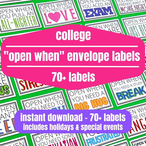 Open When Printable Letter Labels, Envelope Label or Card, College Student Going Away Gift or Move-In Gift, College Daughter or Son