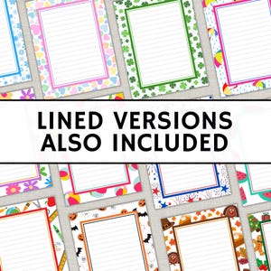 May include: A selection of lined paper designs with decorative borders. The borders feature diverse themes, including snowflakes, hearts, shamrocks, umbrellas, flowers, and seasonal motifs. The text "LINED VERSIONS ALSO INCLUDED" is displayed across the centre.