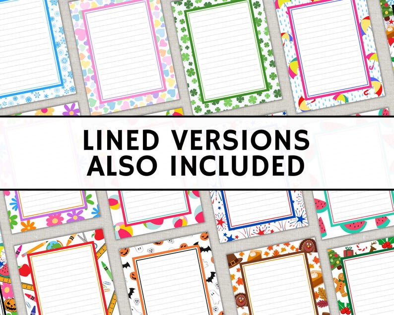 May include: A selection of lined paper designs with decorative borders. The borders feature diverse themes, including snowflakes, hearts, shamrocks, umbrellas, flowers, and seasonal motifs. The text "LINED VERSIONS ALSO INCLUDED" is displayed across the centre.