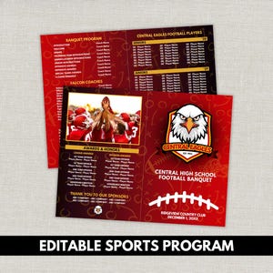 May include: A folded sports program for the Central High School Football Banquet featuring a red and dark brown background with white football play diagrams. The cover displays an eagle mascot logo, text, and a graphic of a white football lace.